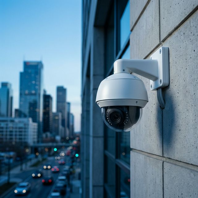 Professional security camera mounted on commercial building